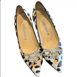Luciano Padovan leopard print calf hair heels rhinestone bow embellishment Sz 38